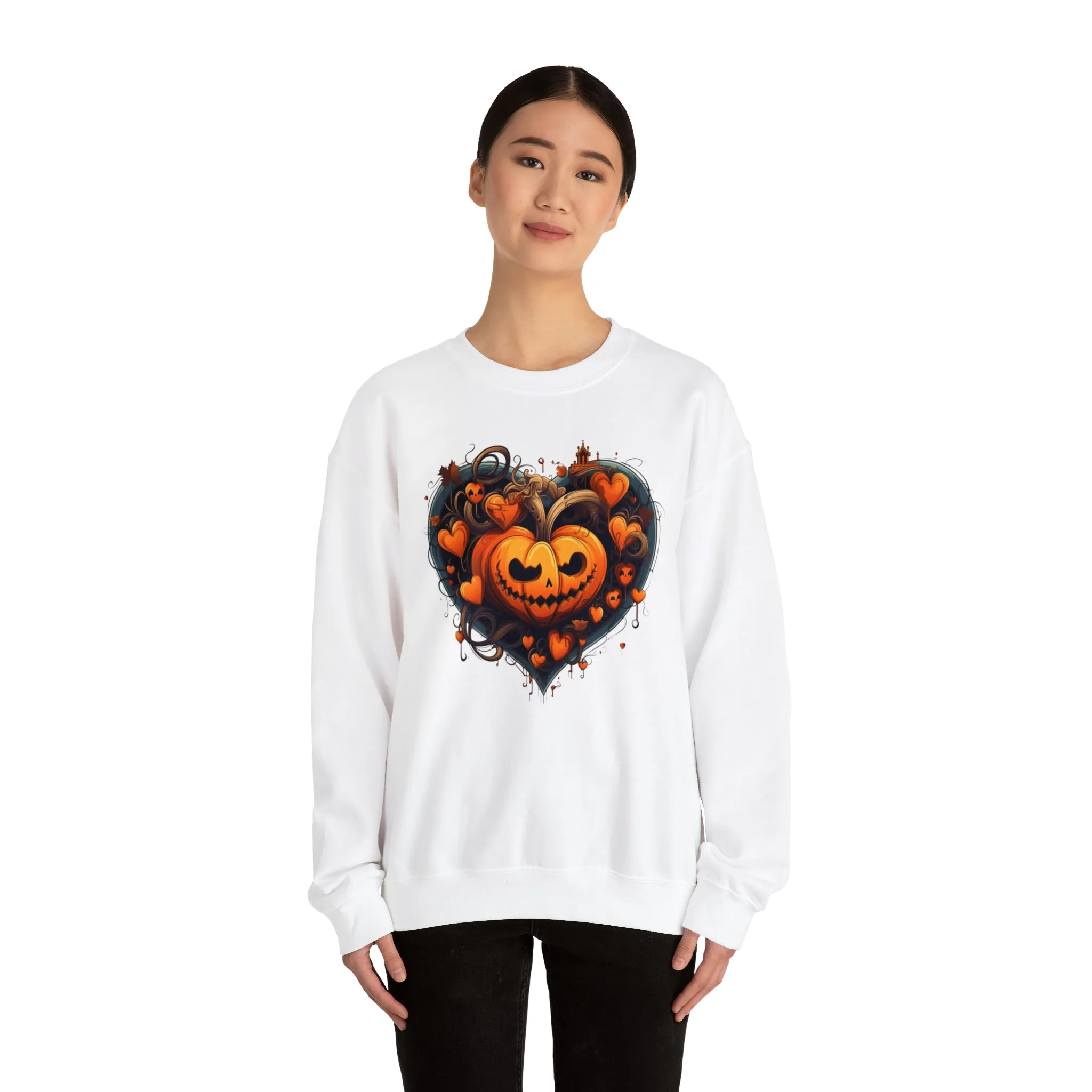 Halloween Heart Pumpkin Sweatshirt, Haunted Ghost Pullover, Creepy Halloween Crewneck Sweatshirt, Unisex Heavy Blend Sweatshirt
