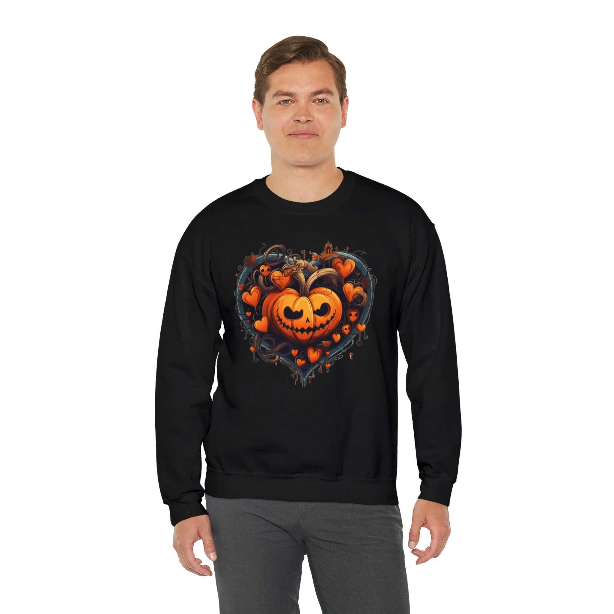 Halloween Heart Pumpkin Sweatshirt, Haunted Ghost Pullover, Creepy Halloween Crewneck Sweatshirt, Unisex Heavy Blend Sweatshirt