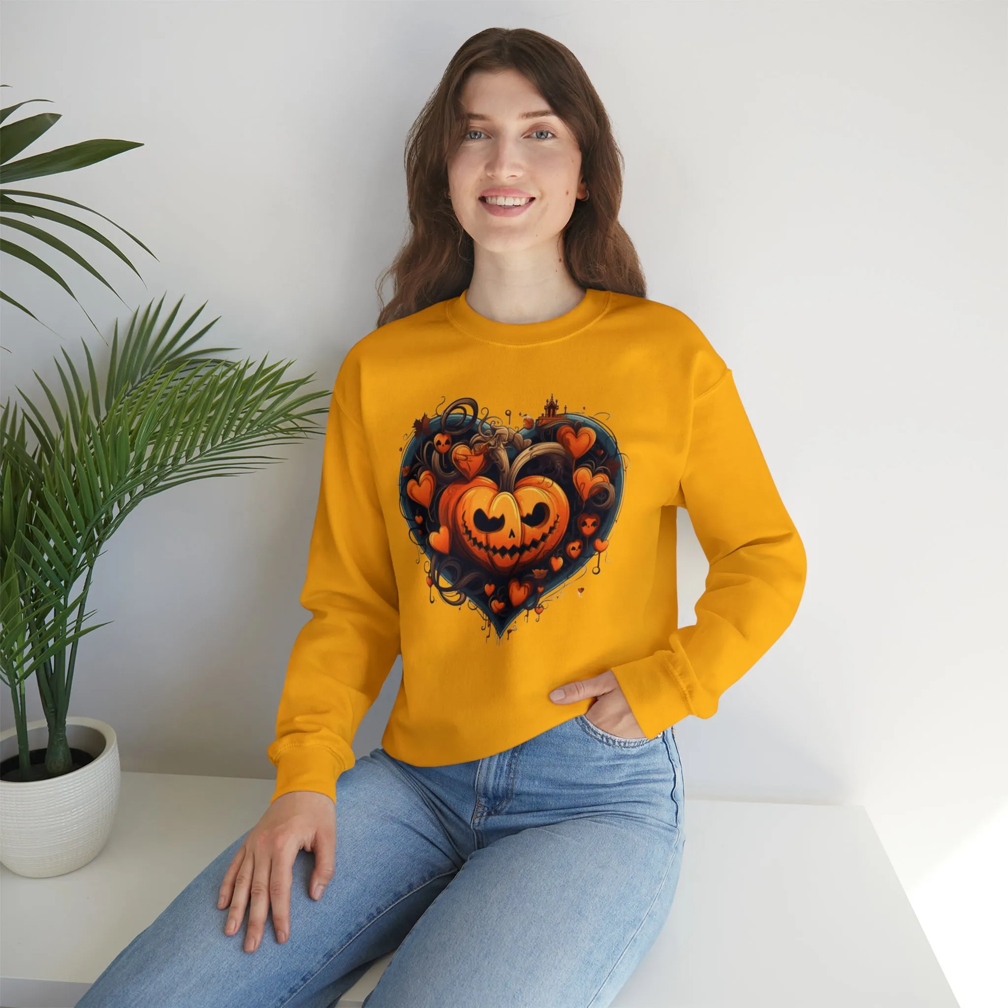 Halloween Heart Pumpkin Sweatshirt, Haunted Ghost Pullover, Creepy Halloween Crewneck Sweatshirt, Unisex Heavy Blend Sweatshirt