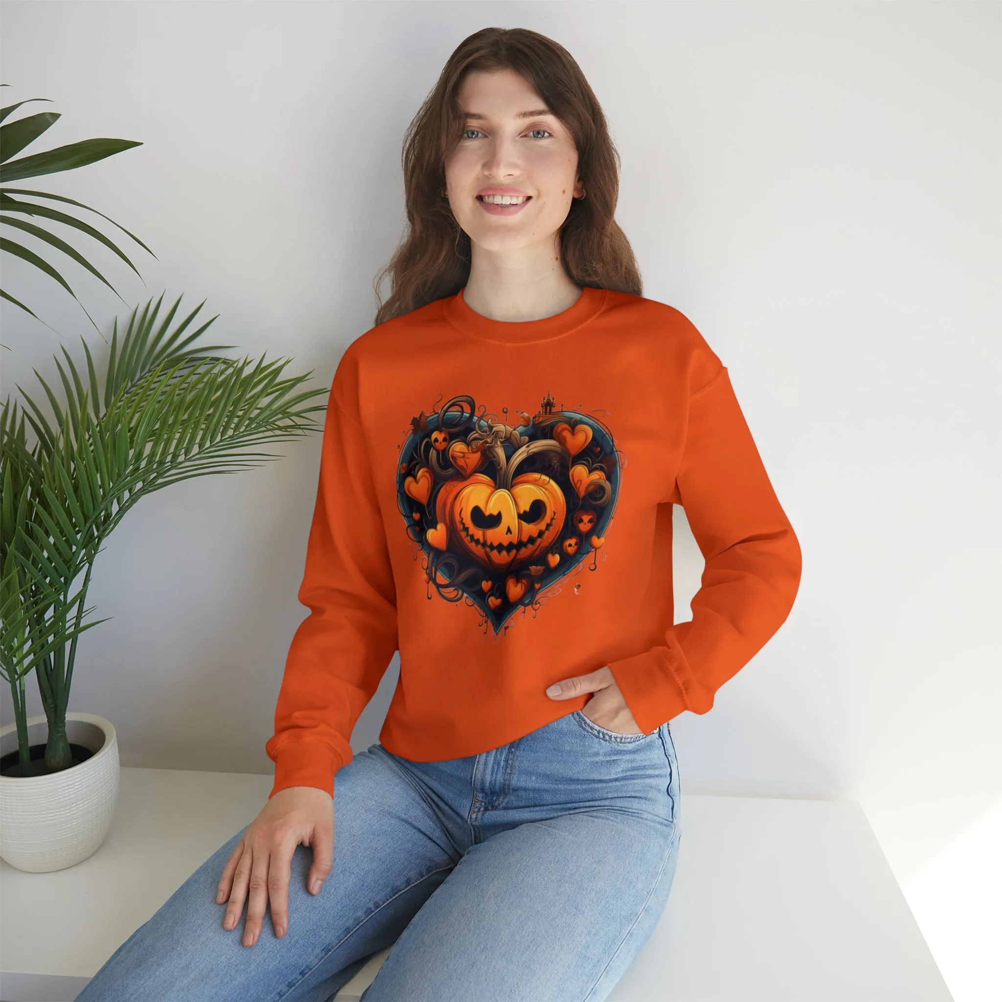 Halloween Heart Pumpkin Sweatshirt, Haunted Ghost Pullover, Creepy Halloween Crewneck Sweatshirt, Unisex Heavy Blend Sweatshirt