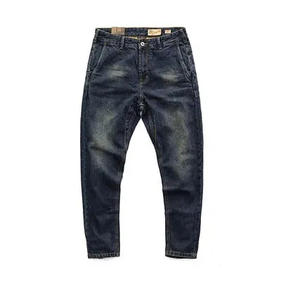 Heavyweight Denim Jeans - Men's Fashion Pure Cotton Washed Old Casual Tapered Straight Pencil Pants