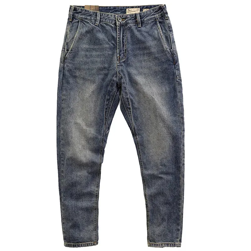 Heavyweight Denim Jeans - Men's Fashion Pure Cotton Washed Old Casual Tapered Straight Pencil Pants