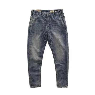 Heavyweight Denim Jeans - Men's Fashion Pure Cotton Washed Old Casual Tapered Straight Pencil Pants