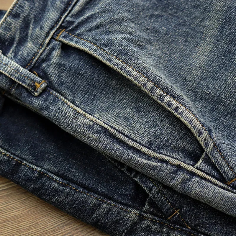 Heavyweight Denim Jeans - Men's Fashion Pure Cotton Washed Old Casual Tapered Straight Pencil Pants