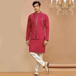Hot Pink Self Designed Koti And Kurta Set with Off White Pants