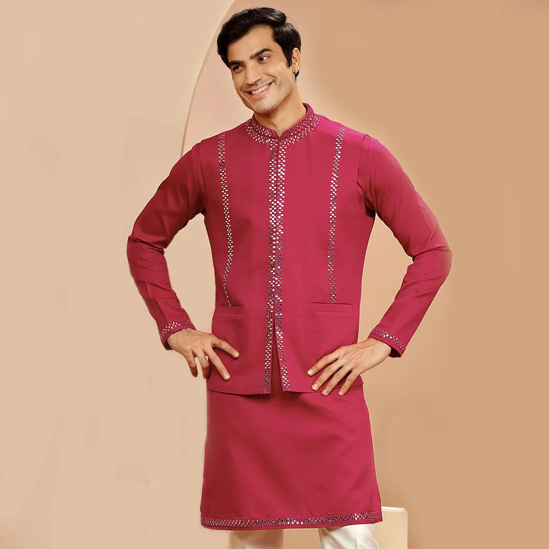 Hot Pink Self Designed Koti And Kurta Set with Off White Pants