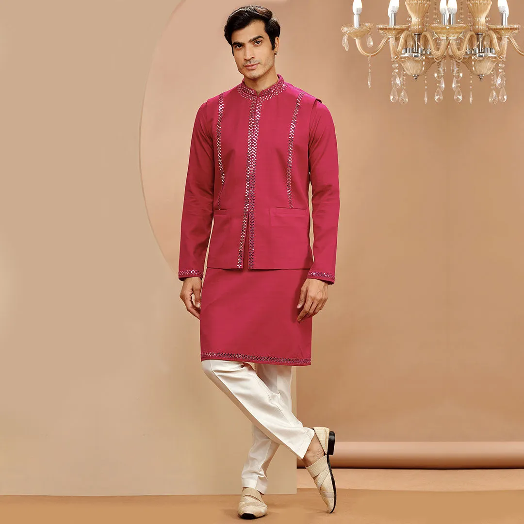 Hot Pink Self Designed Koti And Kurta Set with Off White Pants