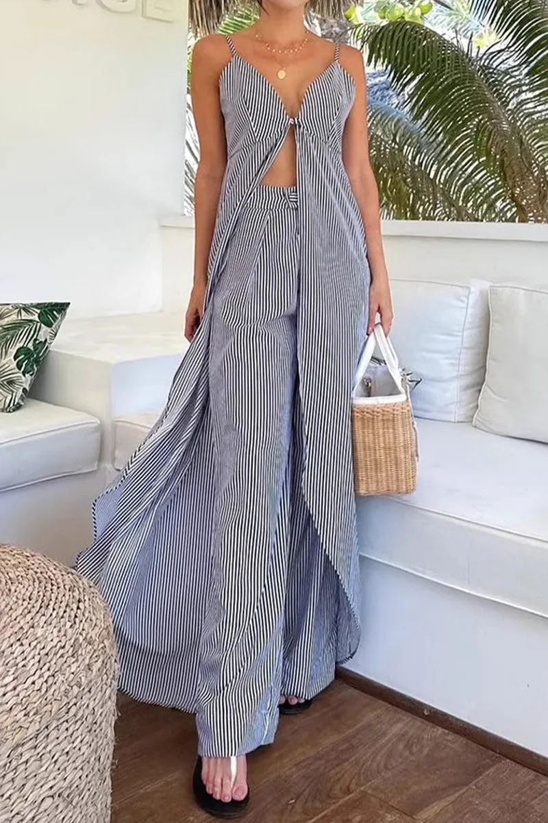 HUZ1251 Striped Pants and Open Front Tie Top Set