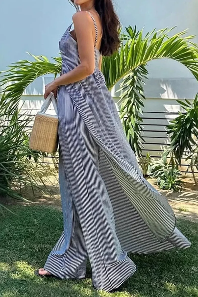 HUZ1251 Striped Pants and Open Front Tie Top Set