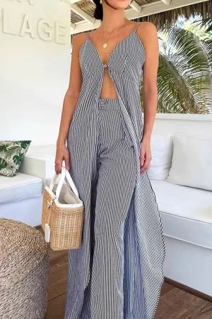 HUZ1251 Striped Pants and Open Front Tie Top Set