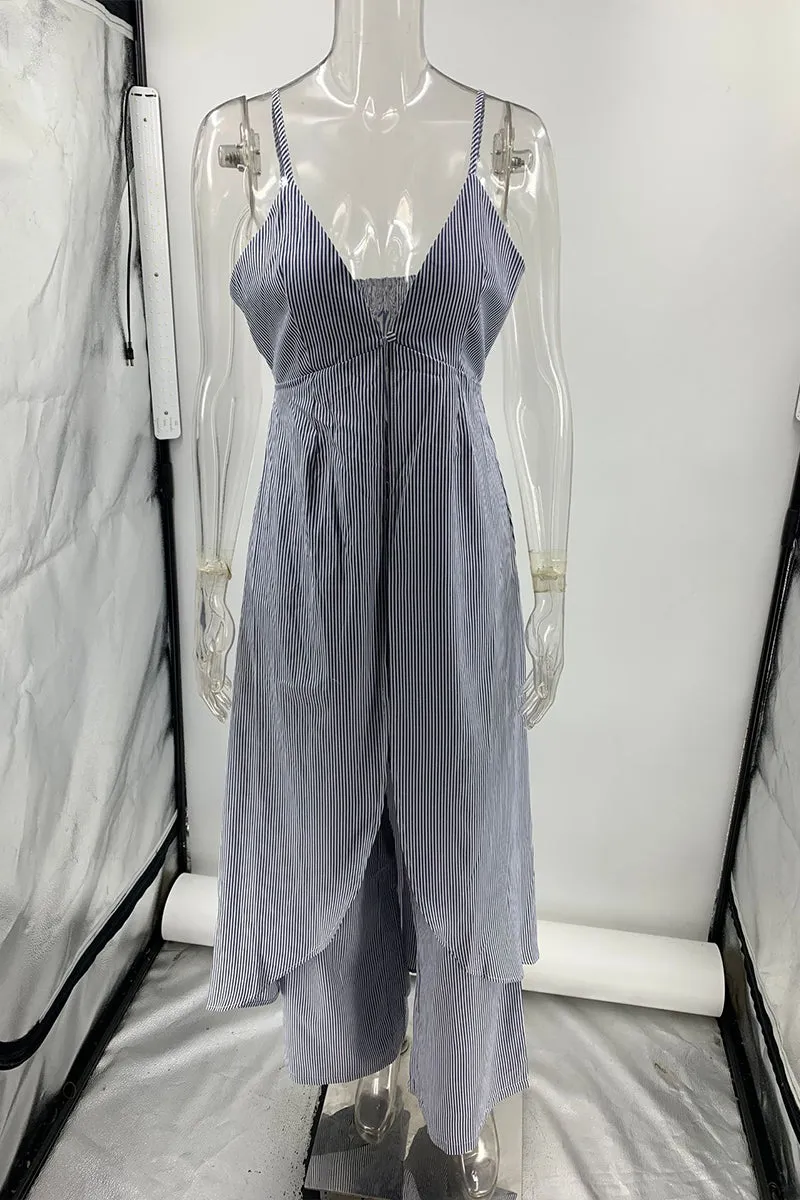 HUZ1251 Striped Pants and Open Front Tie Top Set