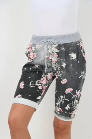 Italian Stretch Cotton Shorts Floral Black