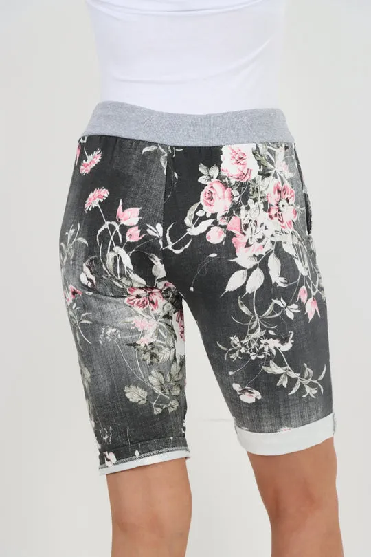 Italian Stretch Cotton Shorts Floral Black