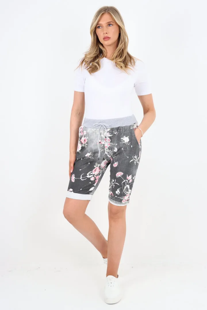 Italian Stretch Cotton Shorts Floral Black