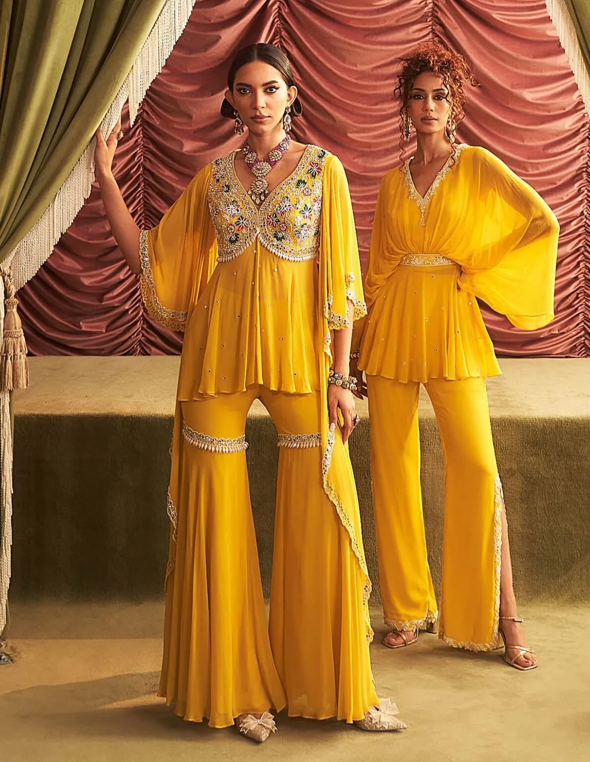 Jyoti yellow embellished peplum and gharara pants
