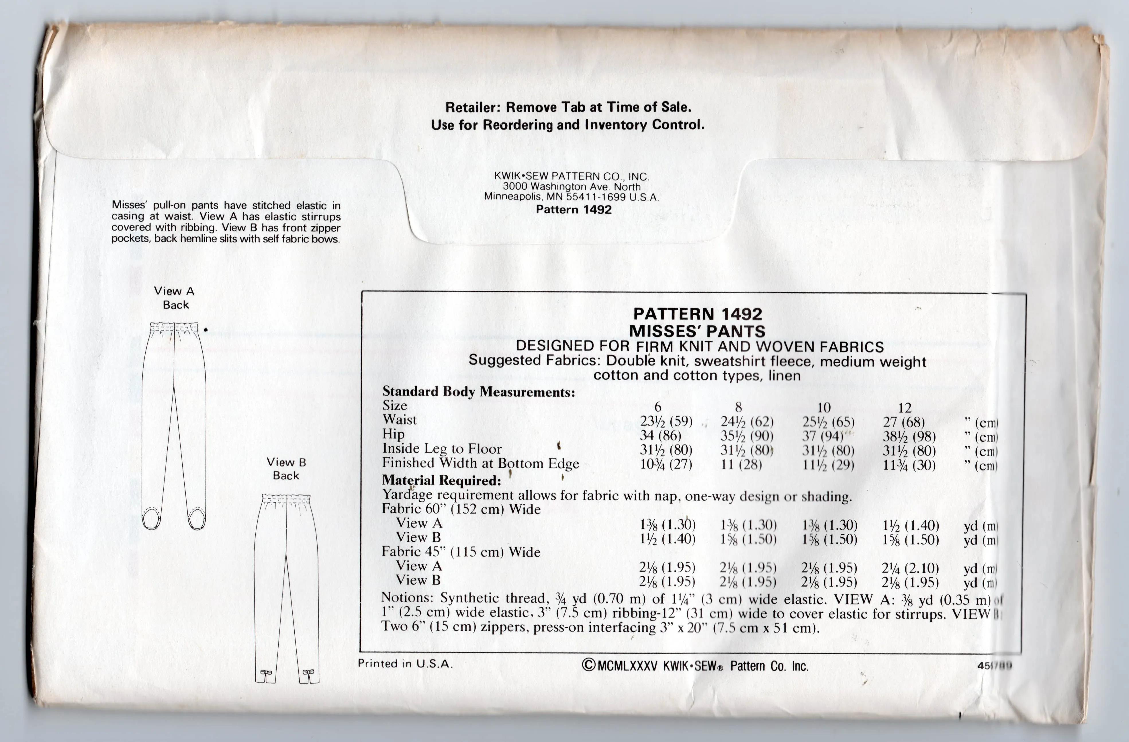 Kwik Sew 1492 Womens Stretch Tapered or Stirrup Pants 1980s Vintage Sewing Pattern Size Waist 23.5 - 27 inches UNCUT Factory Folded