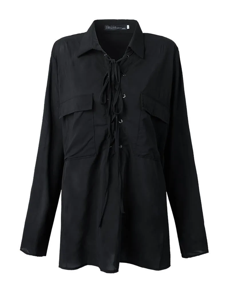 Lace Up Women Blouse Fashion Lapel Long Sleeve Solid Chiffon Shirts Female Casual Loose Top Plus Size