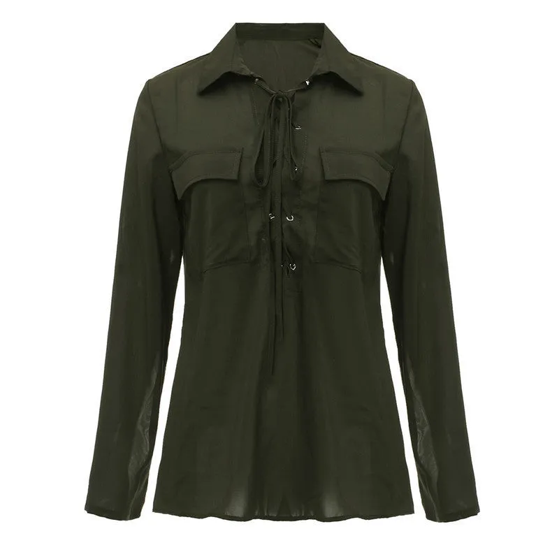 Lace Up Women Blouse Fashion Lapel Long Sleeve Solid Chiffon Shirts Female Casual Loose Top Plus Size