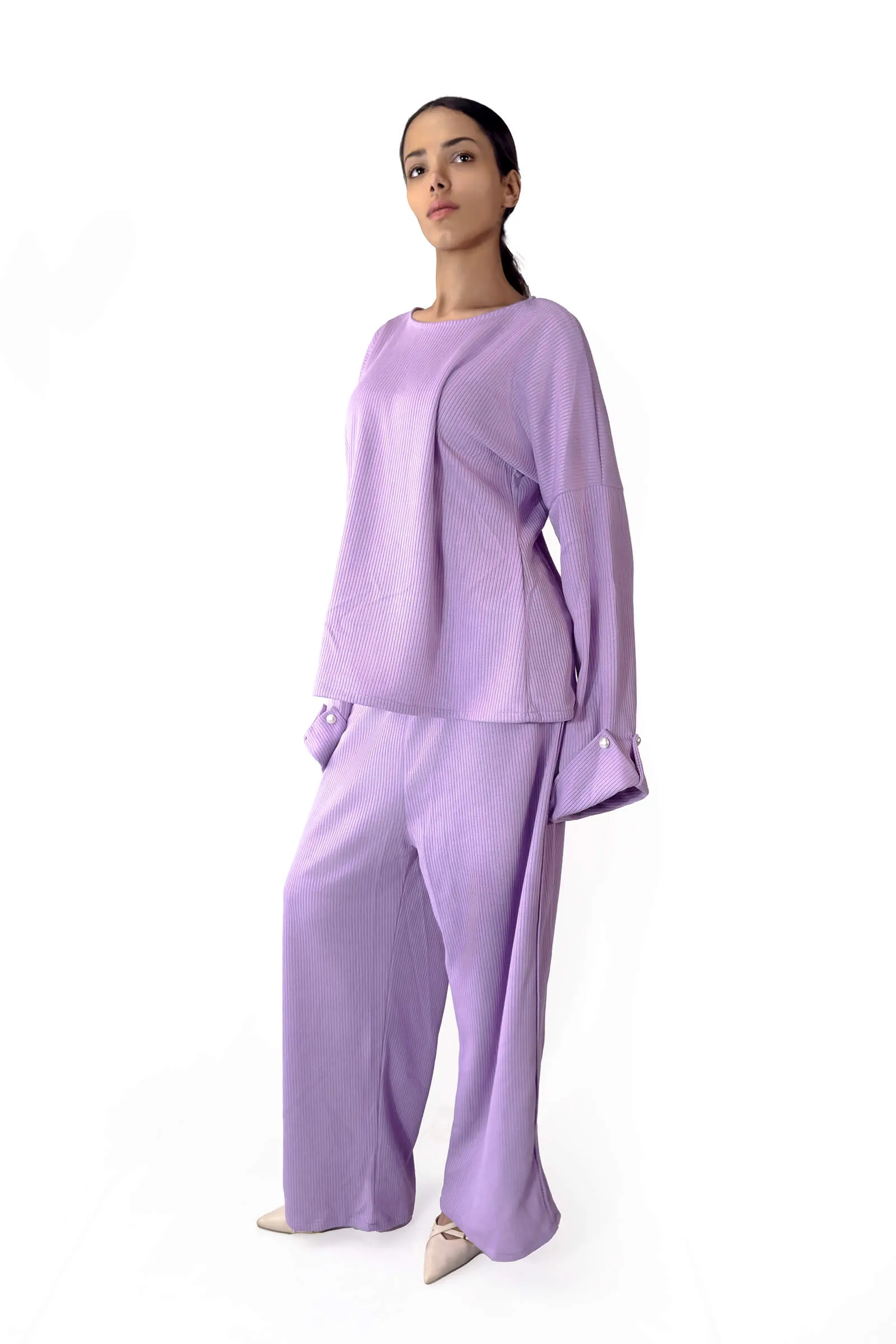 Lavender Leelaa Pearl-Detail Top & Wide-Leg Pants Set