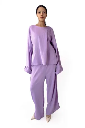Lavender Leelaa Pearl-Detail Top & Wide-Leg Pants Set