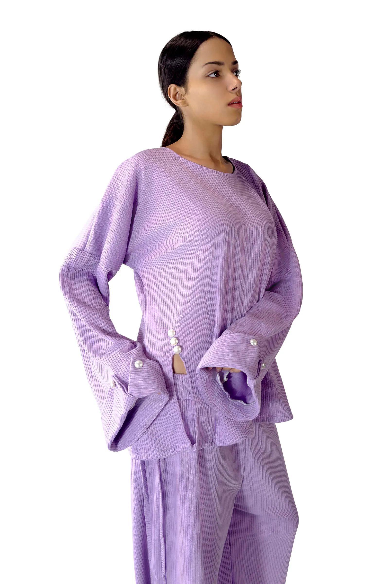 Lavender Leelaa Pearl-Detail Top & Wide-Leg Pants Set