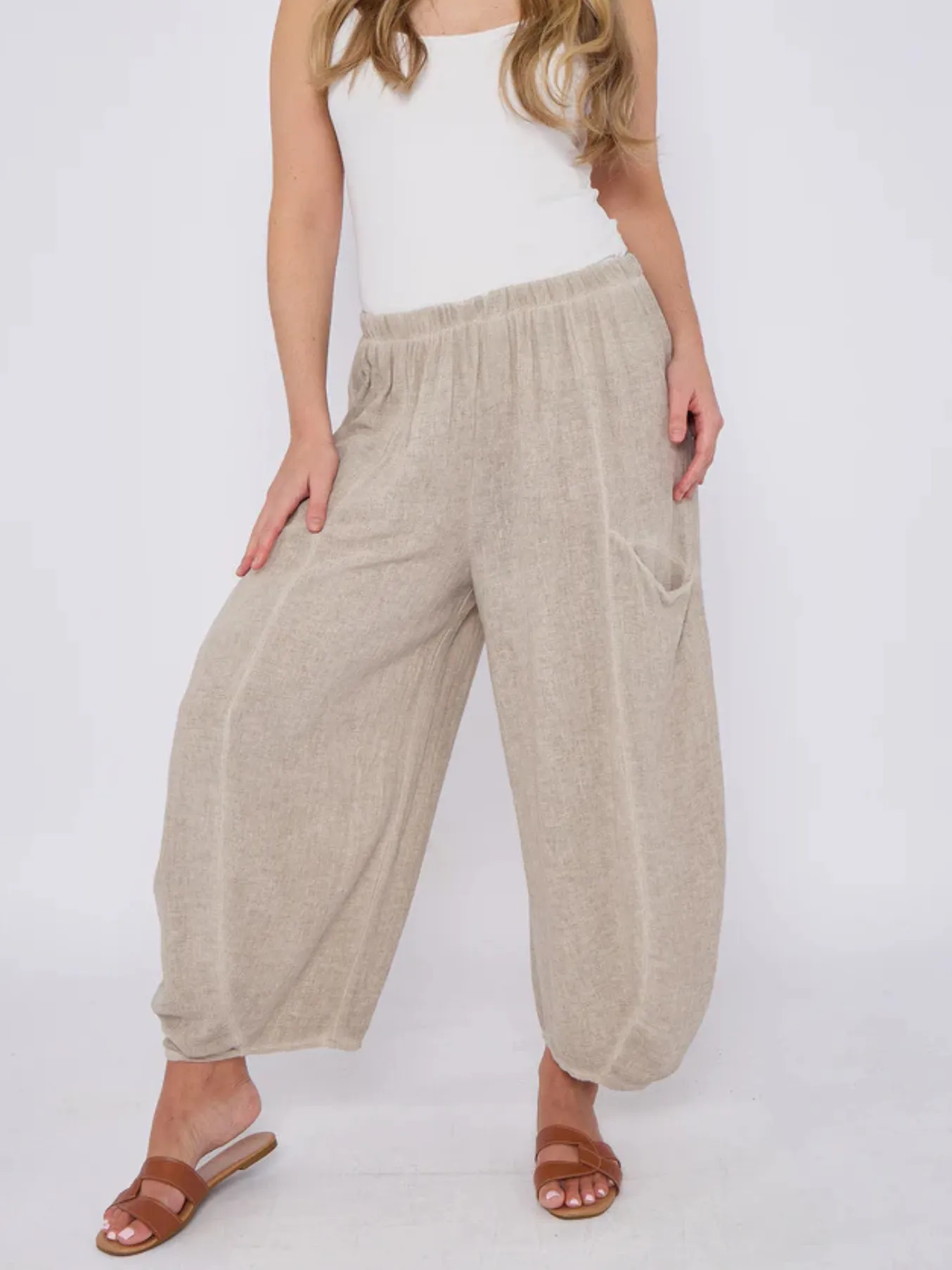 Light Blue Washed Linen Barrel Pocket Trousers