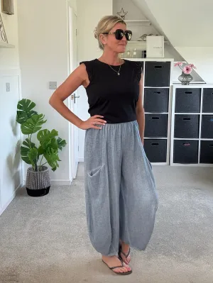 Light Blue Washed Linen Barrel Pocket Trousers