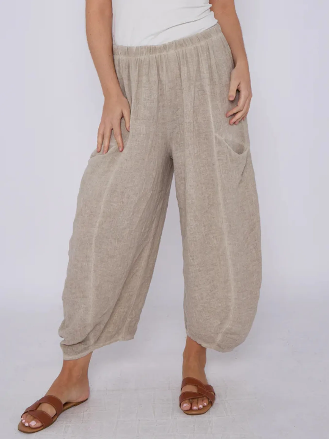 Light Blue Washed Linen Barrel Pocket Trousers