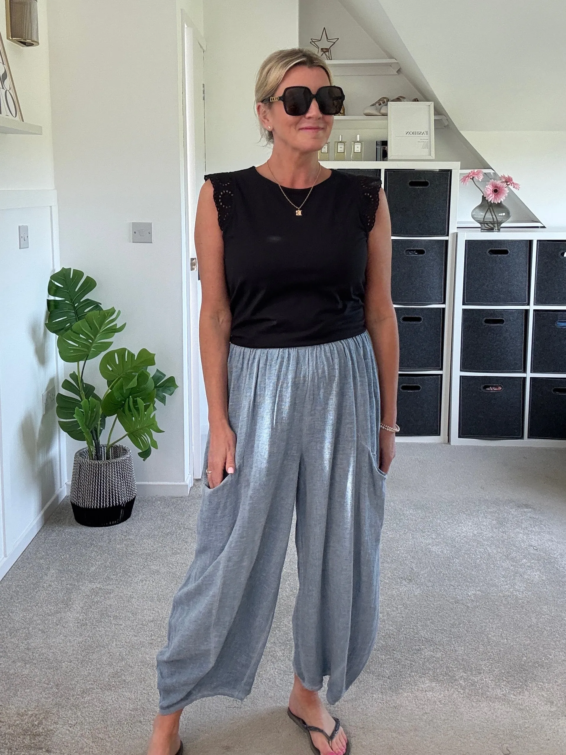 Light Blue Washed Linen Barrel Pocket Trousers