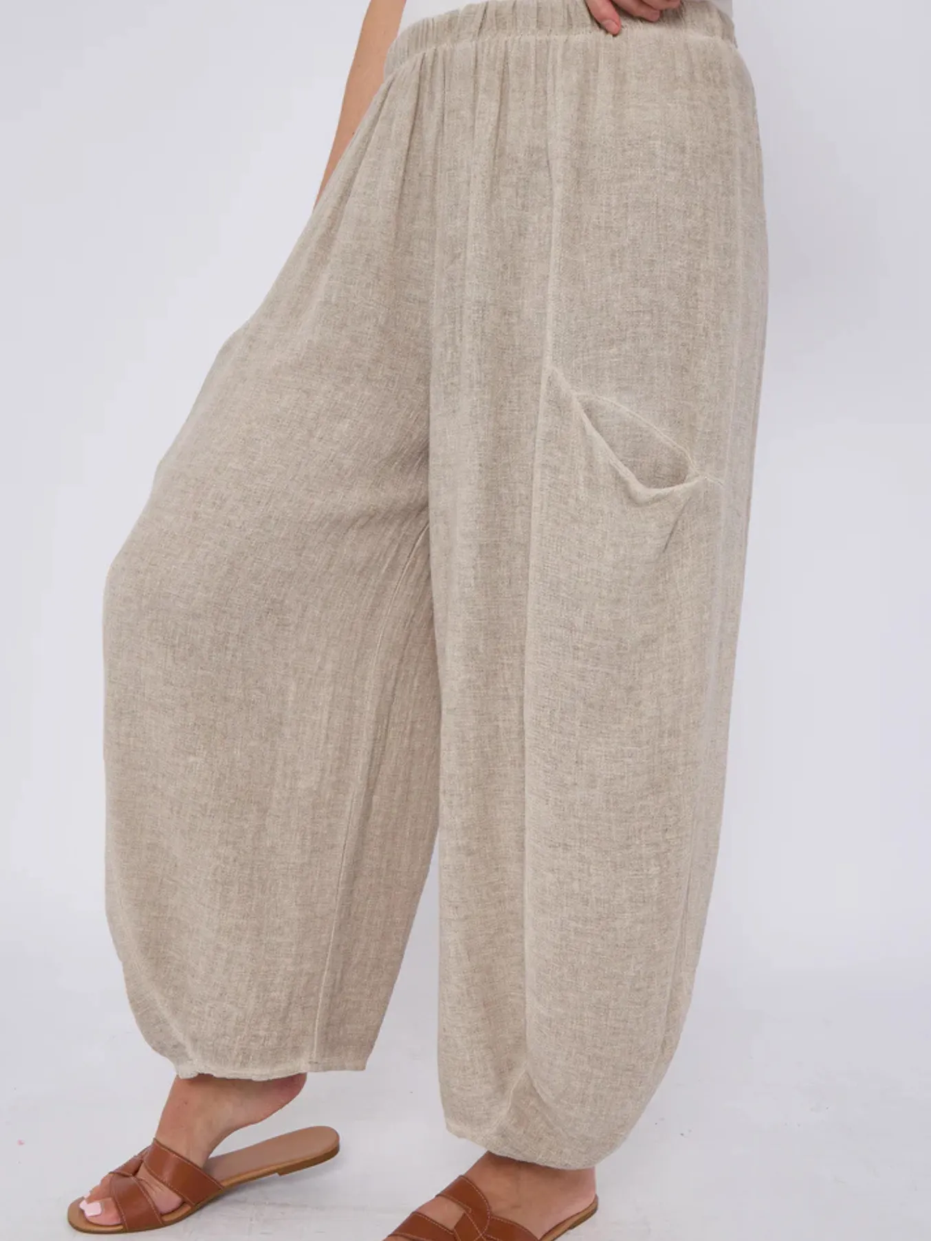 Light Blue Washed Linen Barrel Pocket Trousers