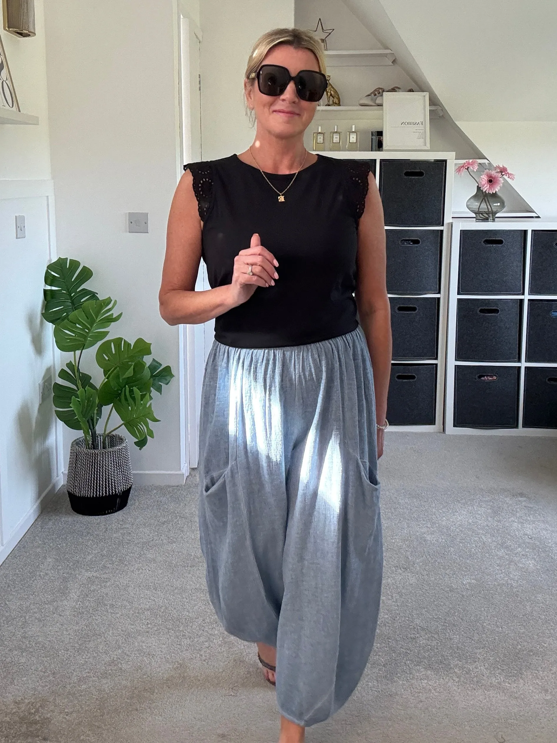 Light Blue Washed Linen Barrel Pocket Trousers