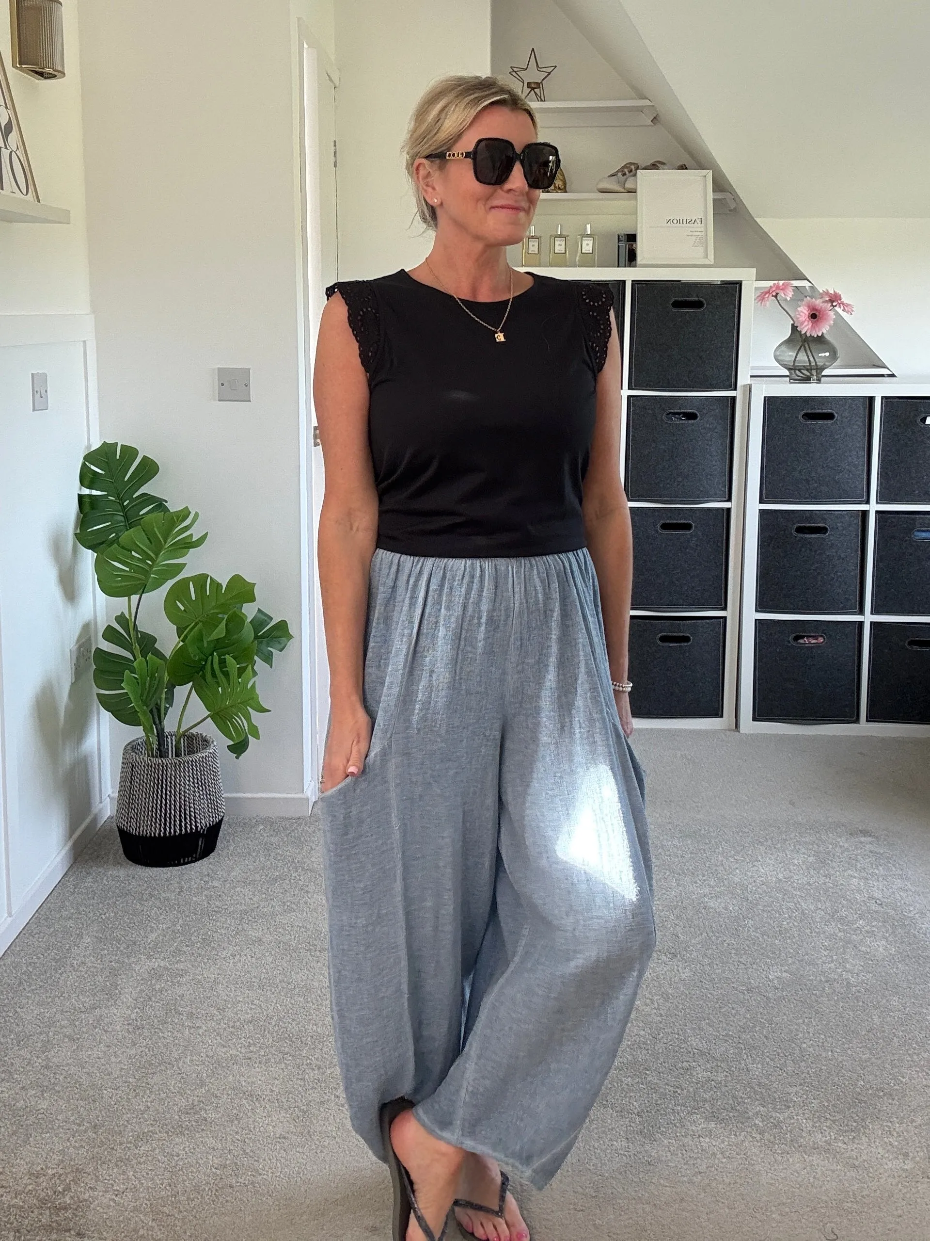 Light Blue Washed Linen Barrel Pocket Trousers