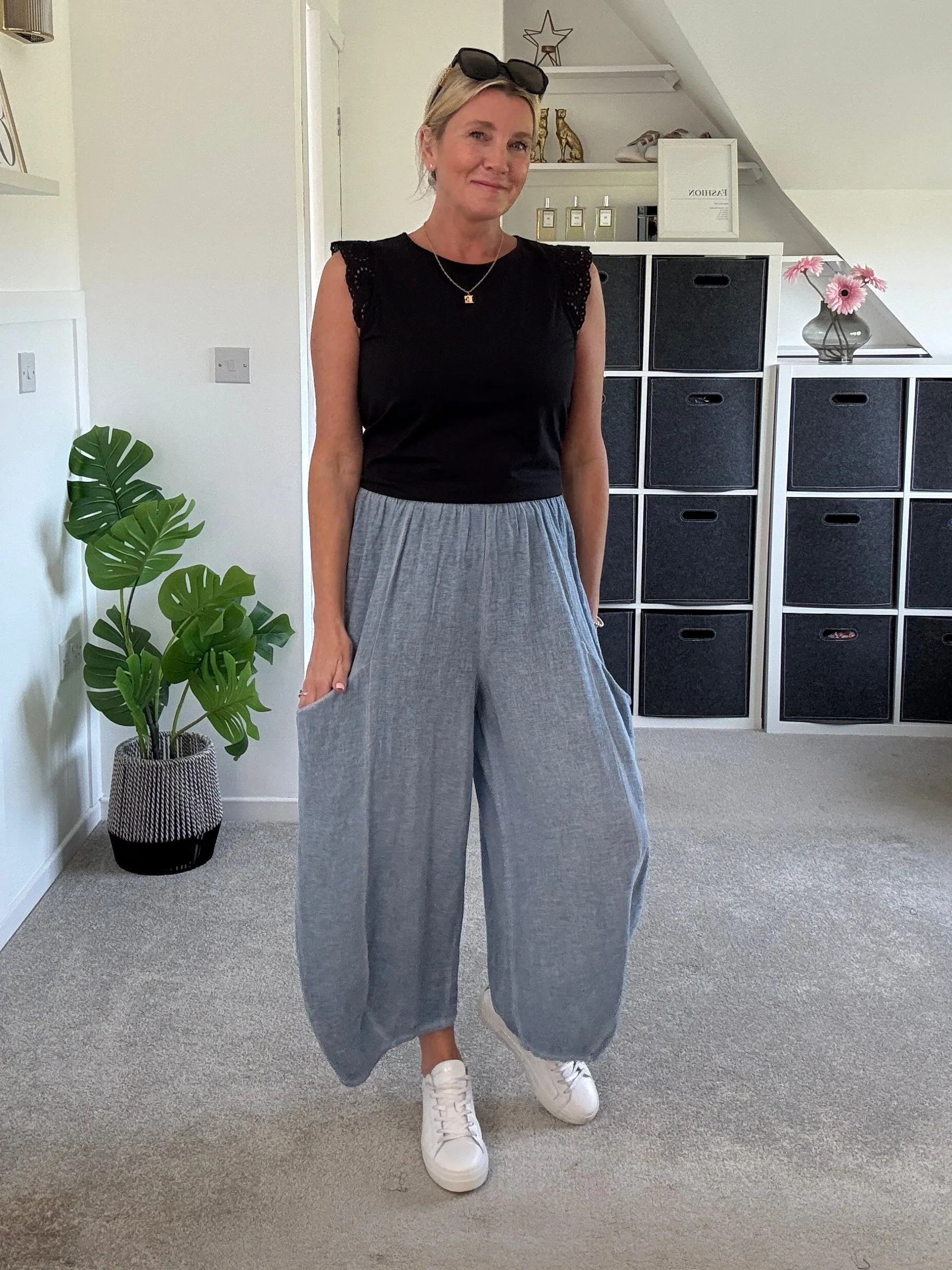 Light Blue Washed Linen Barrel Pocket Trousers