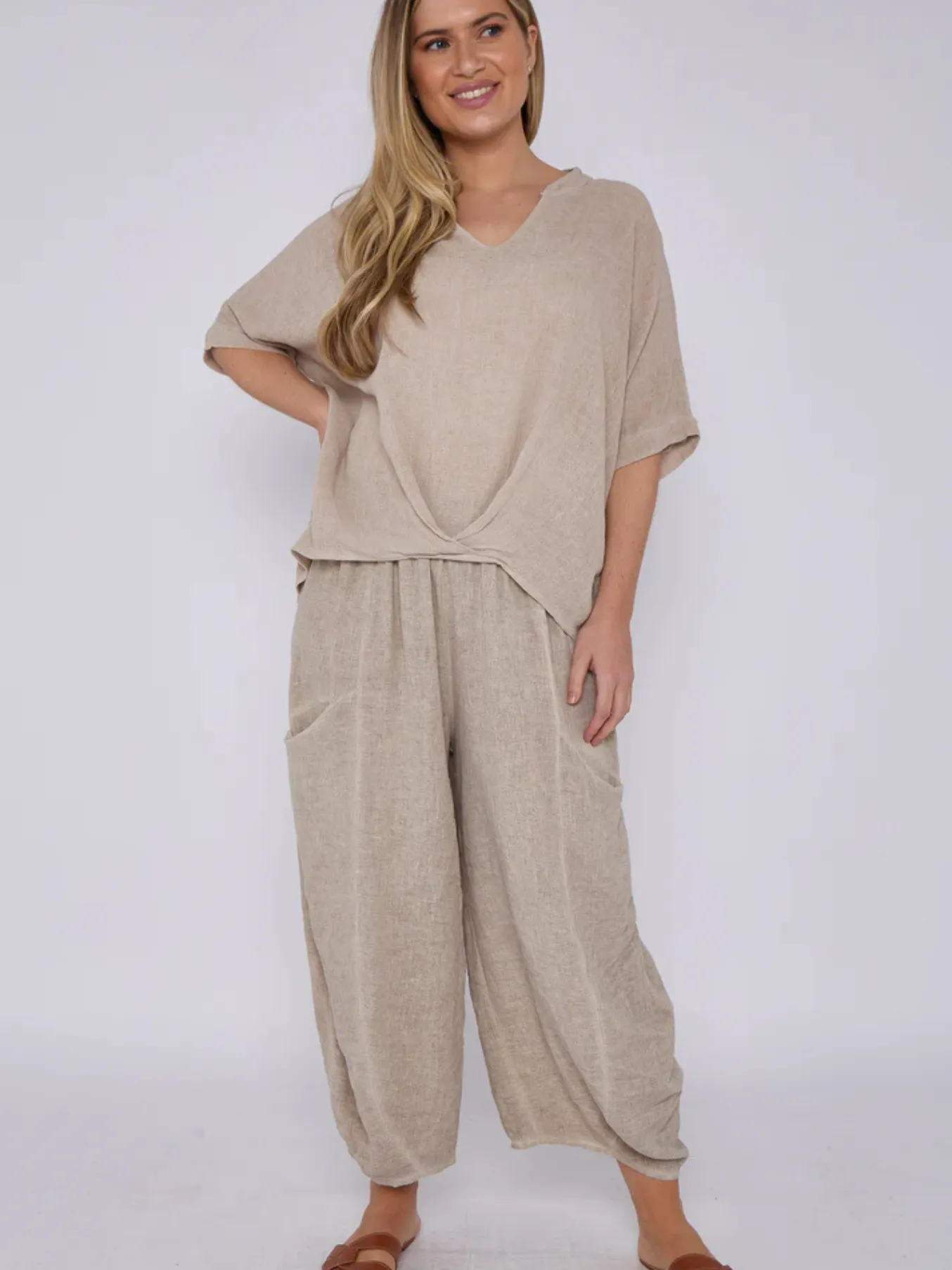Light Blue Washed Linen Barrel Pocket Trousers