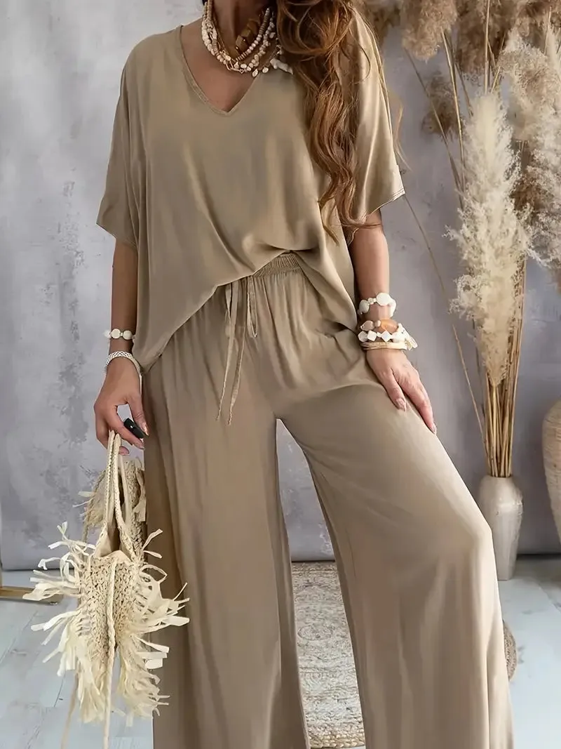 Lily™ - Relaxed V Neck Top & Wide Leg Pants Set