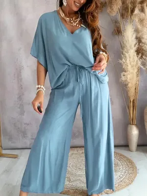 Lily™ - Relaxed V Neck Top & Wide Leg Pants Set