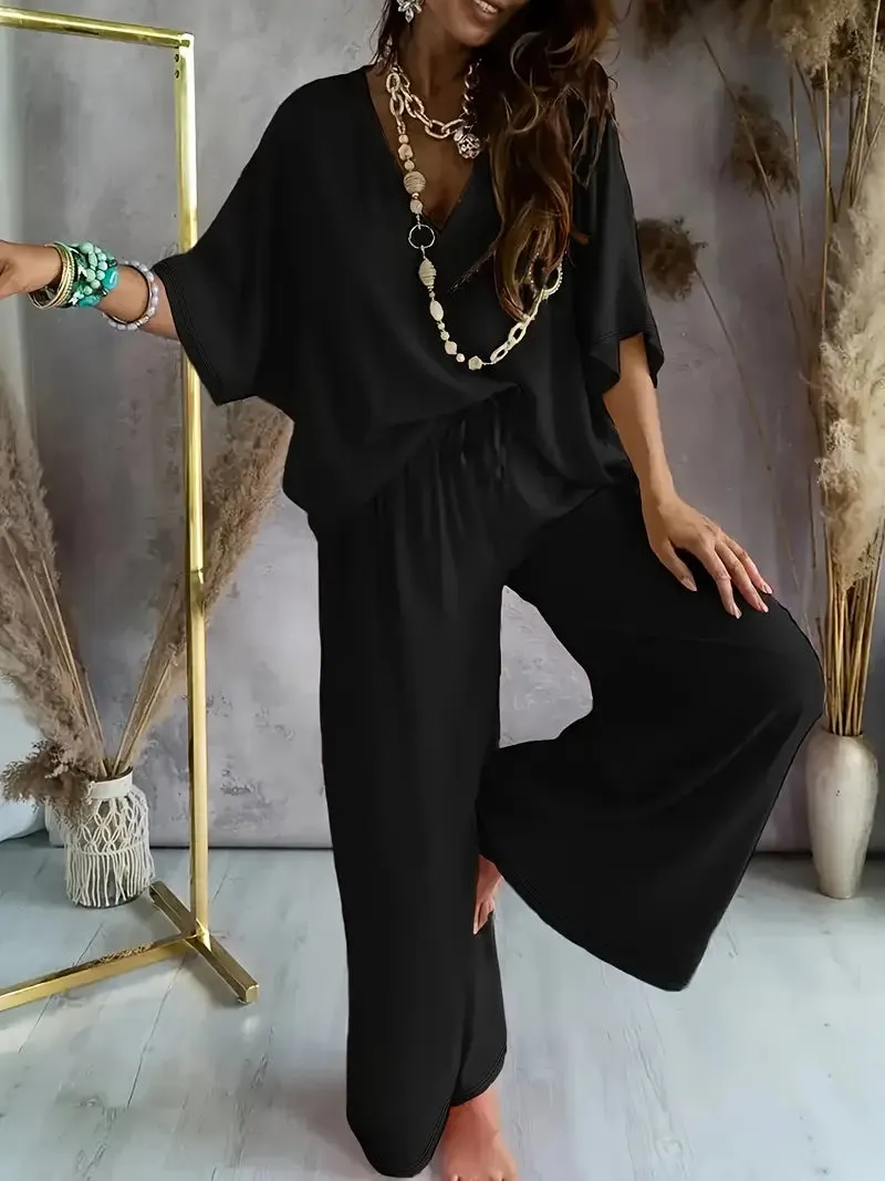 Lily™ - Relaxed V Neck Top & Wide Leg Pants Set