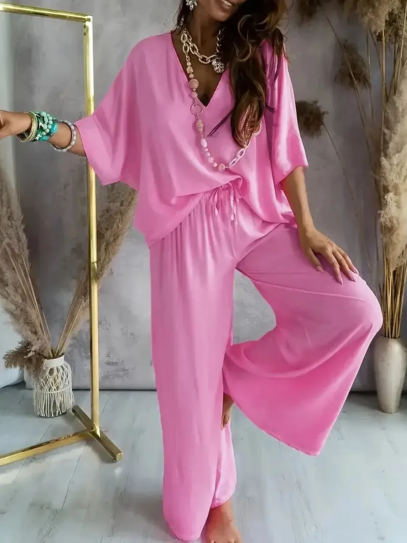 Lily™ - Relaxed V Neck Top & Wide Leg Pants Set