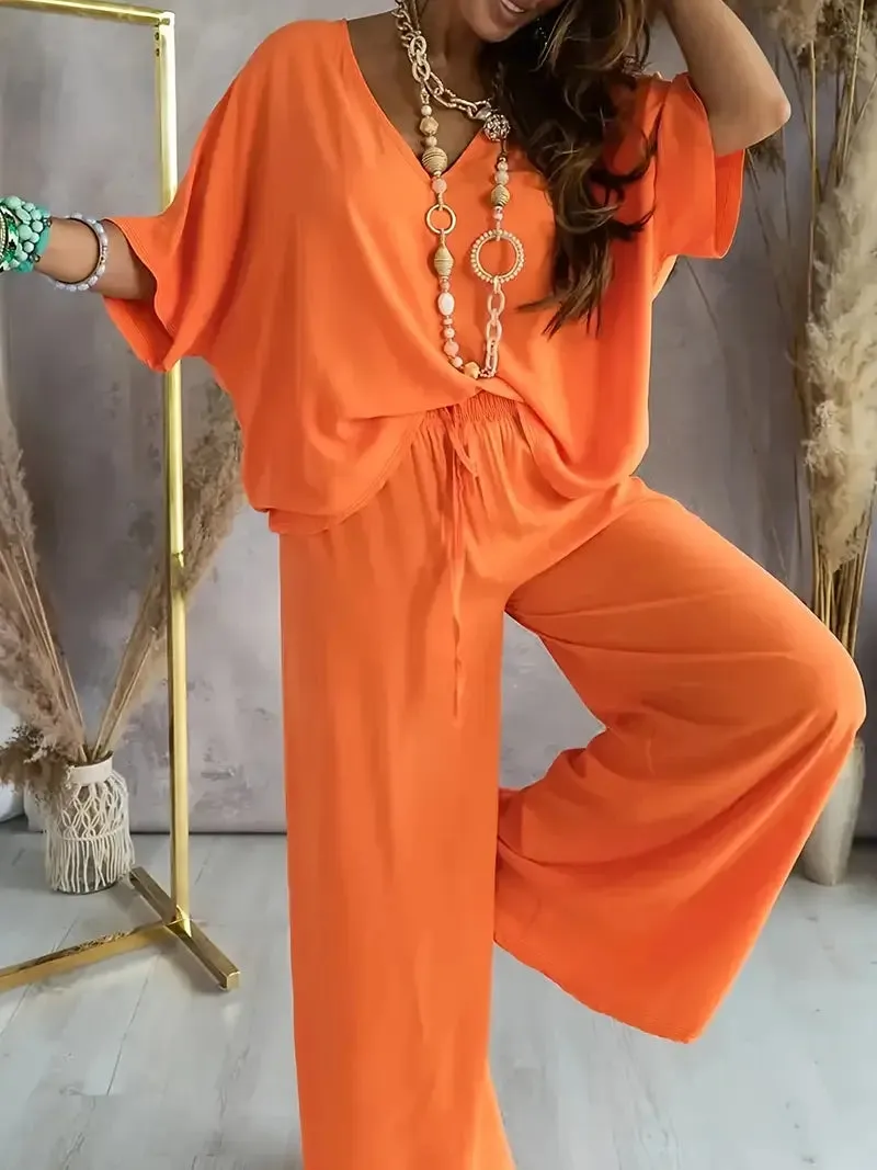 Lily™ - Relaxed V Neck Top & Wide Leg Pants Set