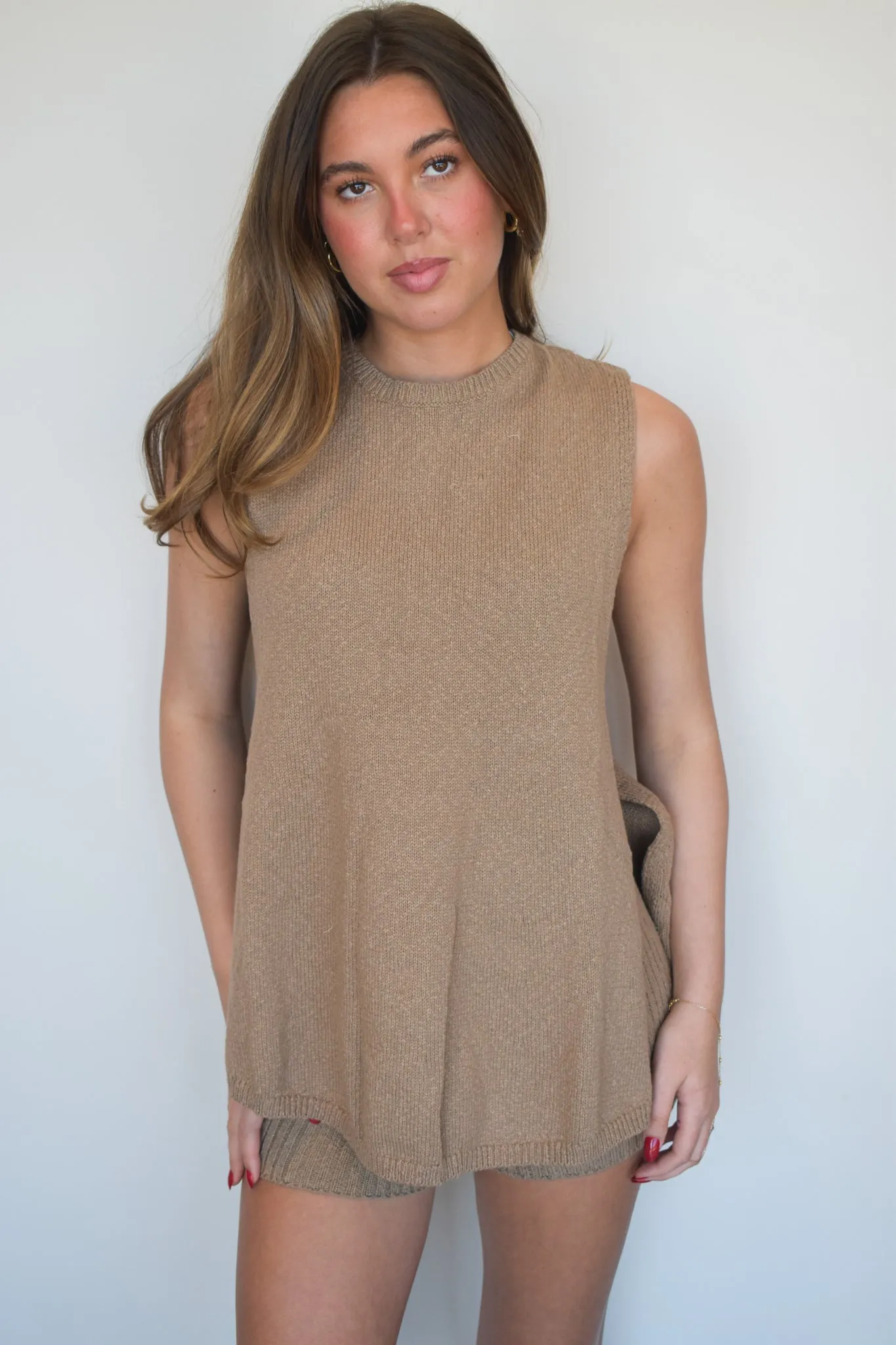 Long Line Knit Biker Shorts- Mocha