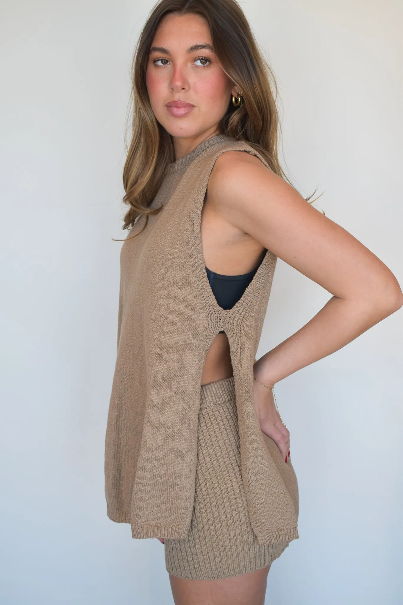 Long Line Knit Biker Shorts- Mocha