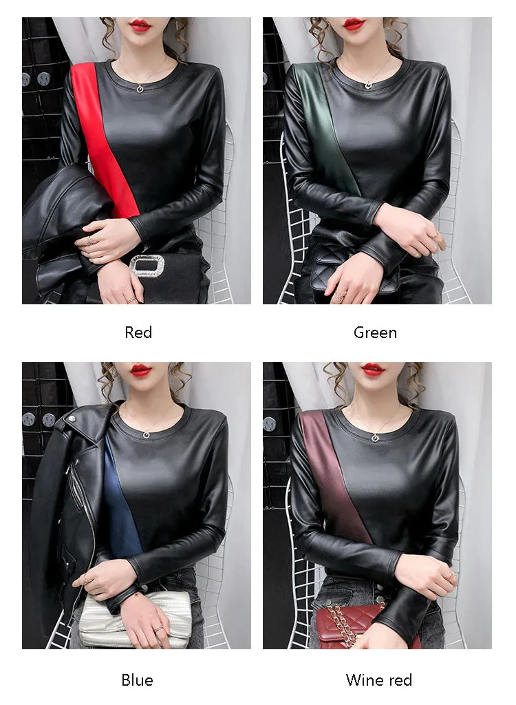 Long Sleeve Color Spliced Leather Blouse Shirts