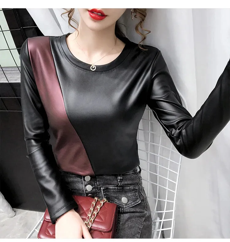 Long Sleeve Color Spliced Leather Blouse Shirts