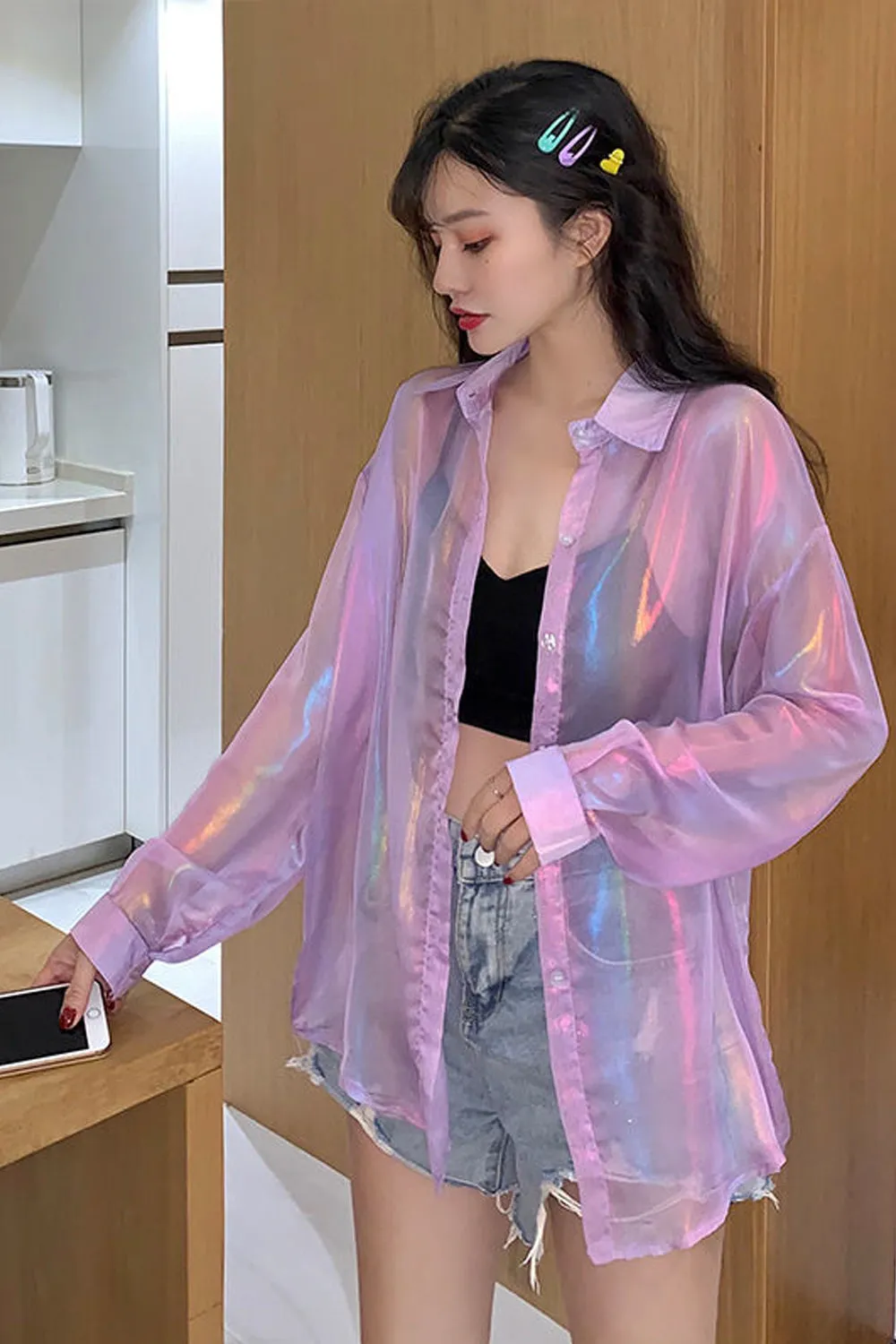 Long Sleeve Glitter Transparent Blouse Shirts