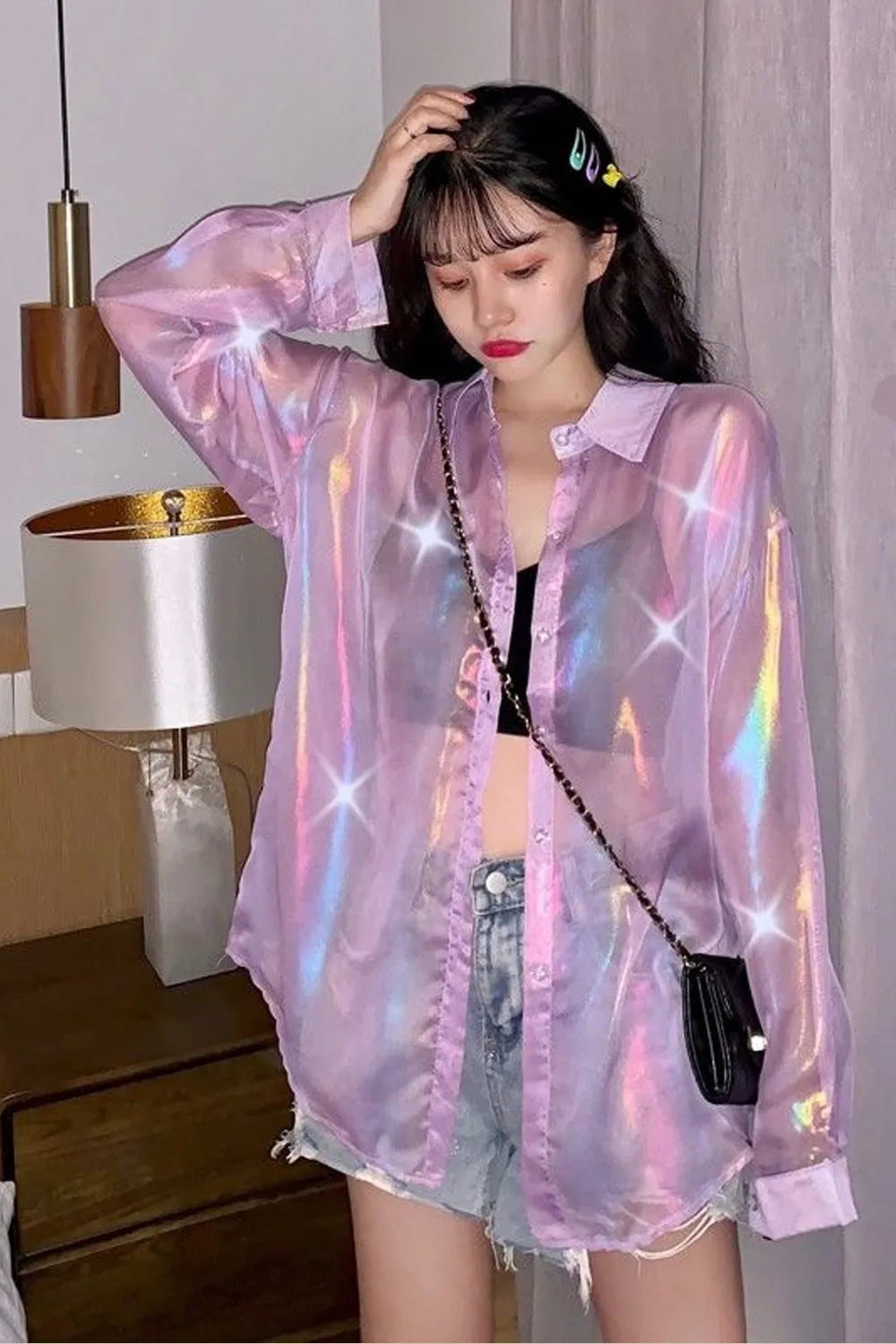 Long Sleeve Glitter Transparent Blouse Shirts