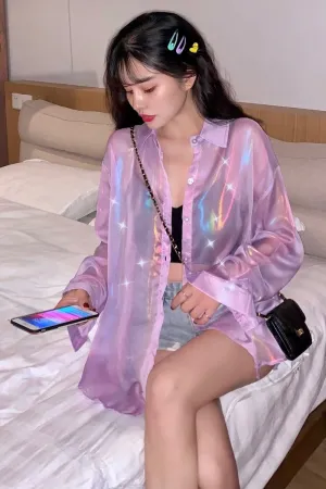 Long Sleeve Glitter Transparent Blouse Shirts