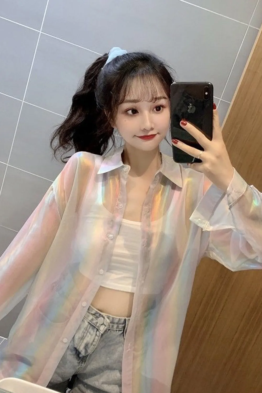 Long Sleeve Glitter Transparent Blouse Shirts