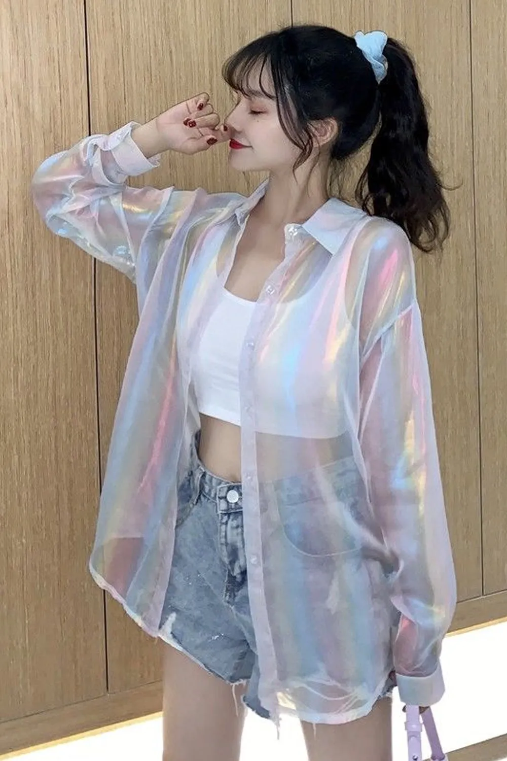 Long Sleeve Glitter Transparent Blouse Shirts