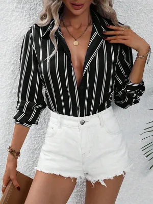 Long Sleeves Loose Buttoned Striped Lapel Blouses&Shirts Tops
