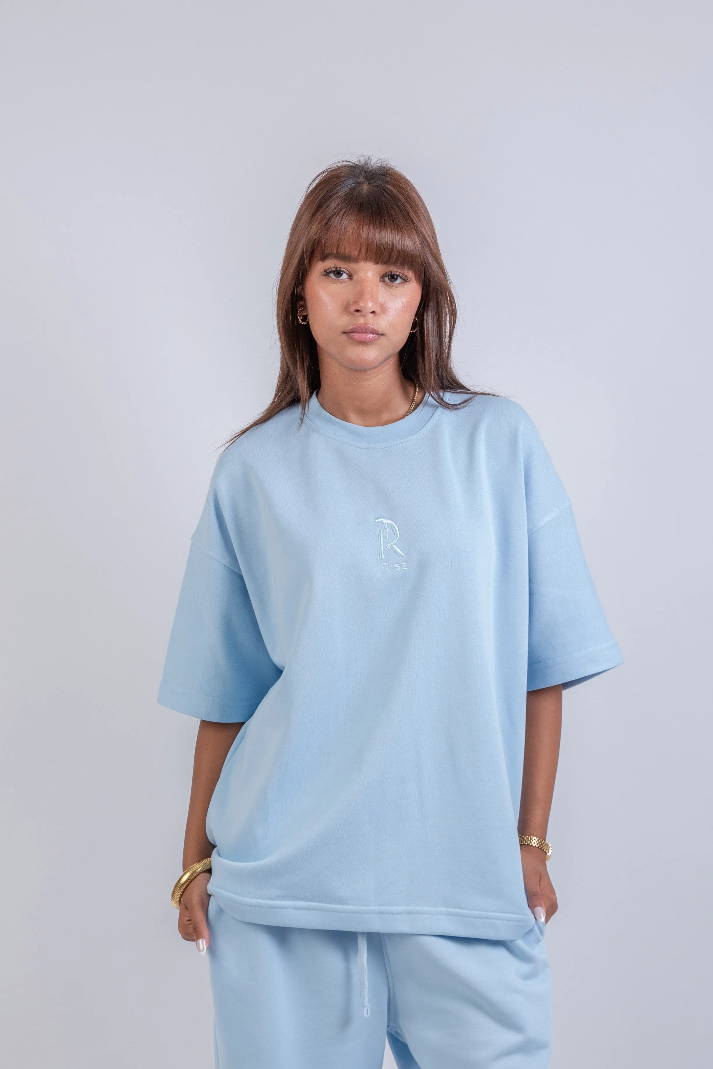 Loose Drawstring Sweatpants & Chill Sleeve T-shirt Blue Set